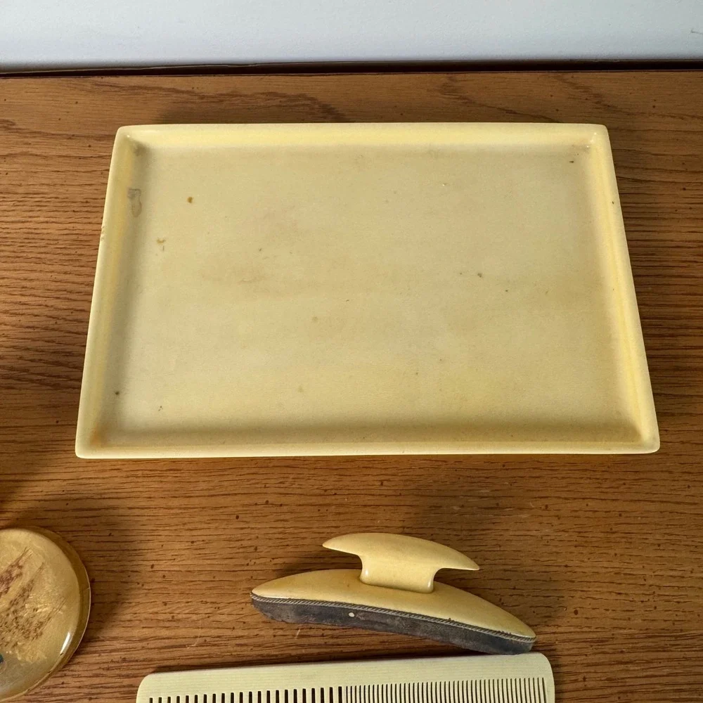 Vintage French Ivory Celluloid Vanity Set Tray Combs Buffer Jar‎ Butterfly 6pc
